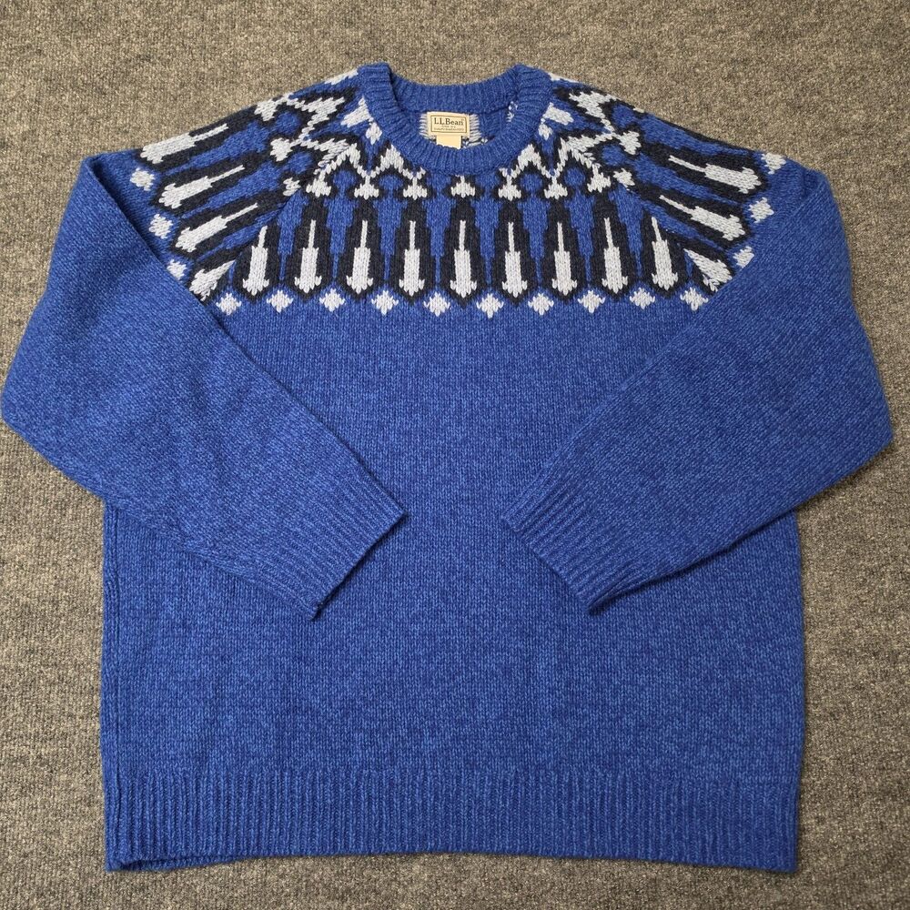 L.L. Bean Sweater Mens 2XL Blue 100% Lambswool Fair Isle Ski Crewneck Heavy Knit